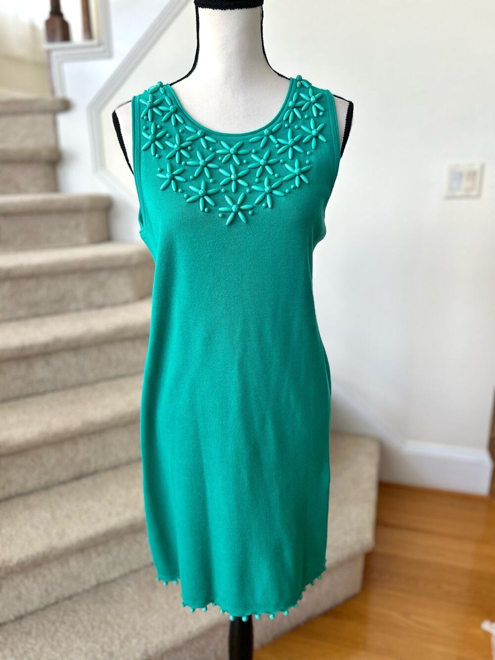 Milly of New York Teal Green Beaded Sleeveless Knit Sheath Dress